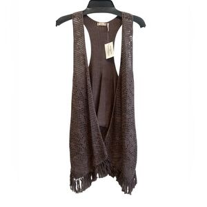 Guess Jeans 100% Cotton Brown Knit Crochet Open Vest